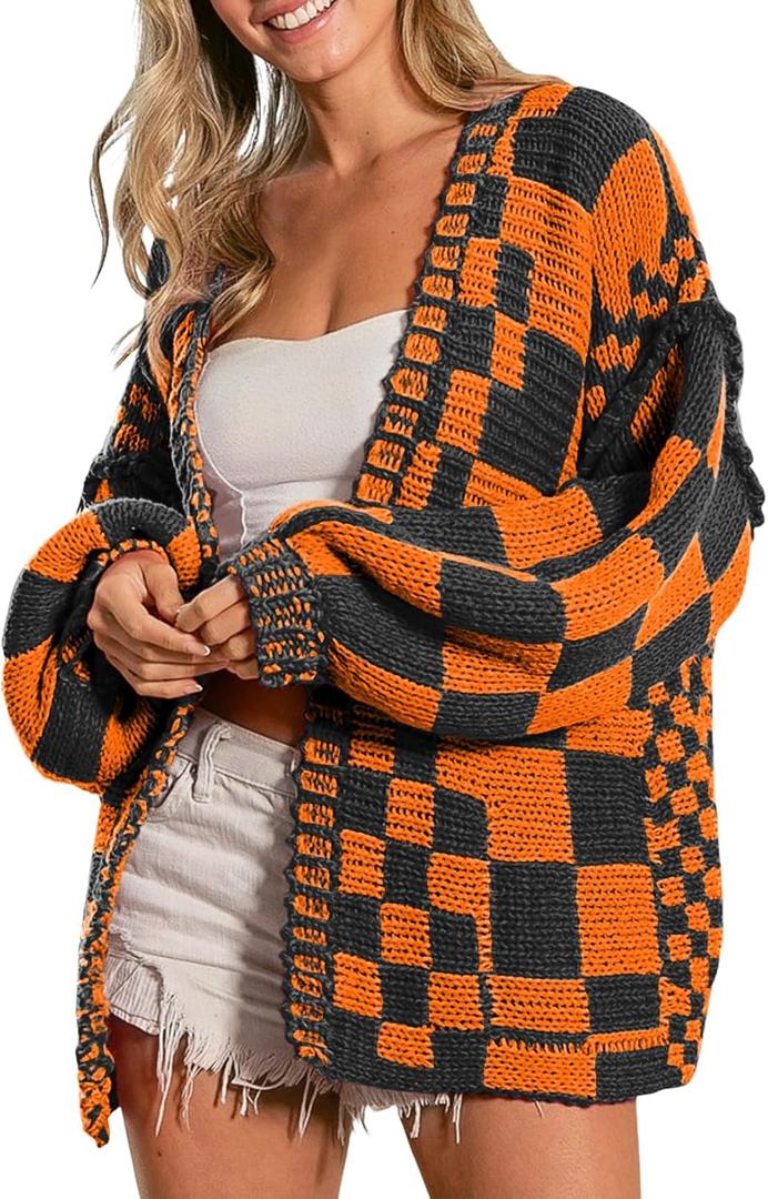 SELINK Women's Cardigan Sweater Vintage Open Front Mixed Checkered Pattern Chunky Knit Plaid Long Sleeve Daily Outwear (Large, Z Orange)