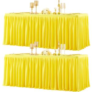 2 Packs Yellow Polyester Tablecloths Rectangle Tables 6ft, Stretch Fitted Table Covers for 6 Foot Tables Wrinkle Free Rectangle Table Cloth with Skirt for Birthday Party Events Banquet Baby Shower