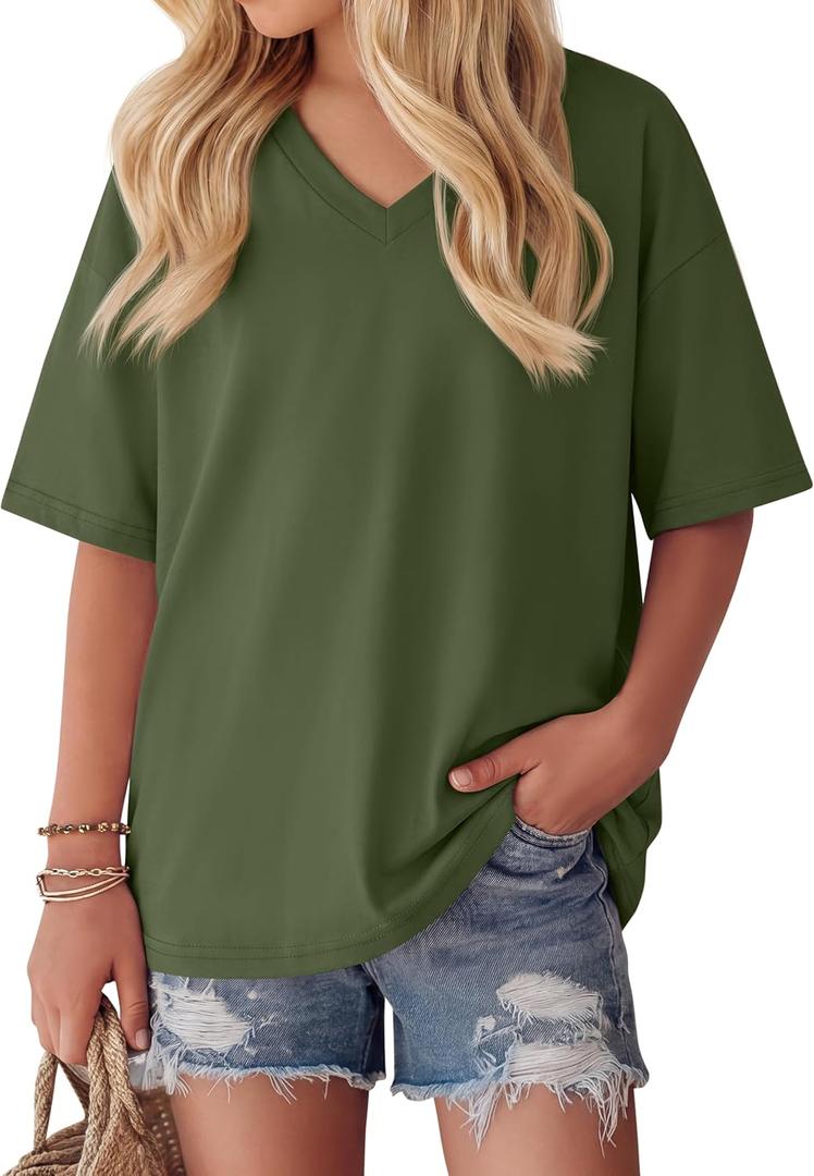 Oakgarden Girls' Shirts 5-14 Years Oversized Short Sleeve Summer T-Shirts V Neck Drop Shoulder Top Kids Casual Basic Cute Tee