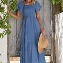 MASCOMODA Womens Summer Casual Midi Dress Square Neck Ruffle Short Sleeve Smocked High Waist A Line Wedding Guest Dresses (S)