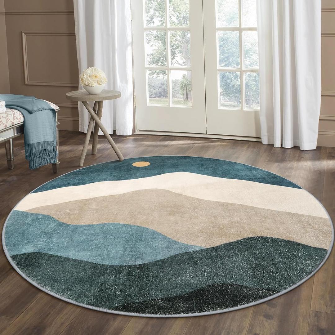 6ft Abstract Round Rugs for Bedroom, Soft Washable Non-Slip Large Circle Rug ,Chic Faux Wool Mountain Low-Pile Carpets for Kidsroom/Nursery/Living Room/Classroom (Blue)