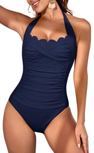 Eomenie Women One Piece Tummy Control Swimsuit Halter Scallop Trim Bathing Suits 1 Piece Vintage Ruched Slimming Swimwear Dark Blue 2XL