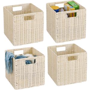 TAIMEI&G02 10.5 x 10.5 in Plastic Wicker Baskets for Cube Storage, Collapsible Square Wicker Storage Basket Set of 4, Rattan Storage Cube, Square Baskets for Shelves - lvory