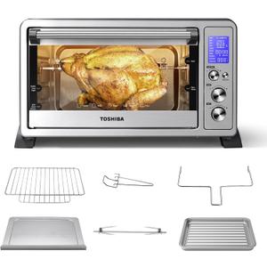 TOSHIBA AC25CEW-SS Large 6-Slice Convection Toaster Oven Countertop, 10-In-One with Toast, Pizza and Rotisserie, 1500W, Stainless Steel, Includes 6 Accessories (25L)