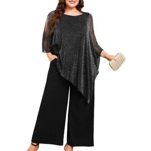 ZOMVA Plus Size Mother of The Bride Pant Suits Dressy 2 Piece Asymmetric Cape Set with Pockets Wedding Guest Outfit (XX-Large Plus, Sparkly Black)