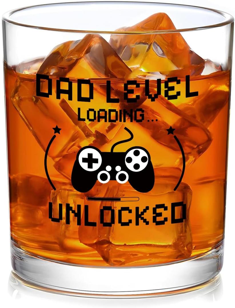 2 x New Dad Gifts, Dad Level Unlocked Whiskey Glass, Fathers Day Gift for New Father Men Husband Him from Wife Son, First Time Daddy Soon to Be Gifts, 10Oz (Transparent)