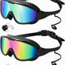 Rantizon Swim Goggles 2 Pack, Wide View Anti Fog&UV Swimming Goggles for Audlt, No Leaking Summer Gifts for Men Women Kid (Large for Adults, Aqua & Birght Rose)