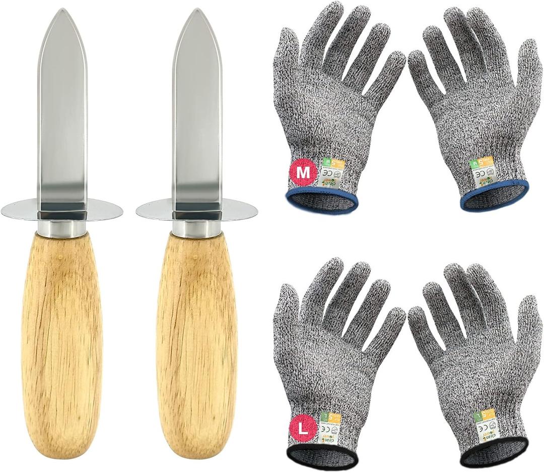 Oyster Shucking Knife Set of 2 Stainless Steel Oyster Knifes and 2 Pairs Level 5 Cut-Resistant GlovesOyster Knives Suitable for All Kinds of Shells and Oysters Shucking