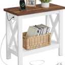 HOOBRO End Table with Charging Station, Farmhouse Narrow Side Table, 2-Tier with Storage Shelves, Slim Nightstand for Small Spaces, Living Room, Bedroom, White and Walnut WH360UBZ01