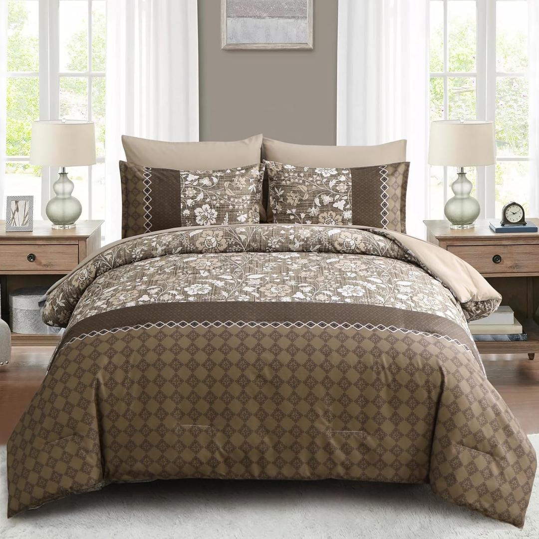 WONGS BEDDING Brown Comforter Set Queen, 7 Pieces Bed in a Bag Floral Patchwork Soft Microfiber Queen Sheet Set with Comforter, Flat Sheet, Fitted Sheet, Pillow Shams,Pillowcases