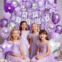 Purple Birthday Decorations for Women Girls, Lavender Silver Metallic Balloons Glitter Sash Fringe Curtain Butterfly Decor Cake Topper Happy Birthday Banner Butterfly Party Decorations Lavender Bday