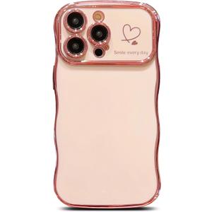 iPhone 15 Pro Case Magnetic, for Women Girls Soft Cute Wave Frame Curly Shape Love Heart Luxury Plating Phone Case Compatible with MagSafe Shockproof Back Cover 6.1" - Pink