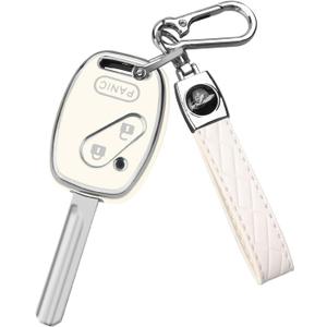QBUC for Honda Key Fob Cover with Leather Keychain,Soft TPU Car Key Case Protector Compatible with Honda Accord 2003-2012 Civic EX 2006-2013 Pilot 2009-2015 CR-V 2005-2006,3 Buttons Smart Key(White)