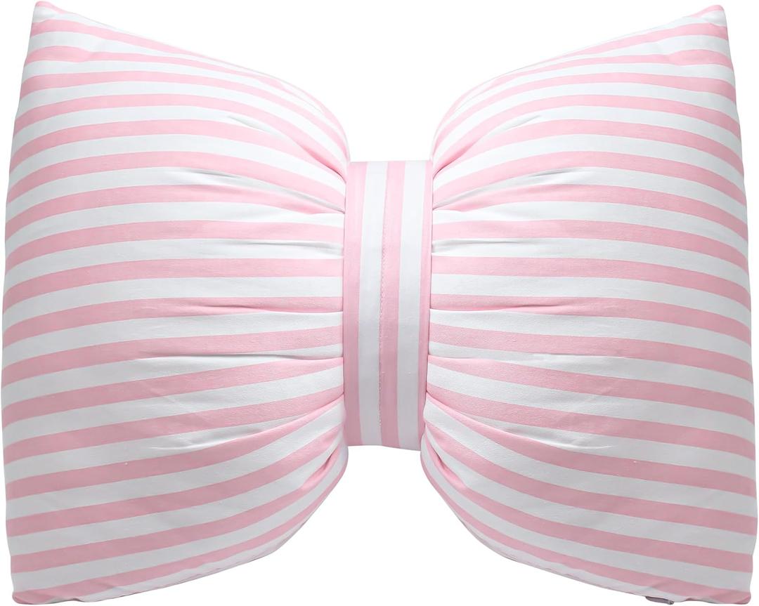 Pink Bow Pillow, 18" x 14" Decorative Throw Cushion Stripes Shaped Coquette Cotton Handmade Striped Case Washable for Big Sofa Office Car Neck Lumbar Aesthetic Themed Room Home Decor
