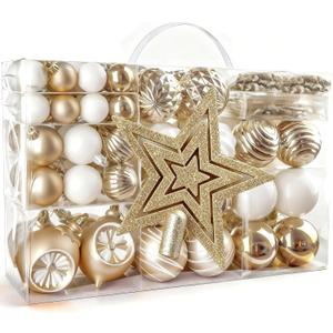 149ct Christmas Ball Ornaments - Shatterproof Xmas Tree Decorations with 36 Hooks, Hanging Baubles for Holiday Party, Home Decor, Wreath & Garland (Champagne & White)