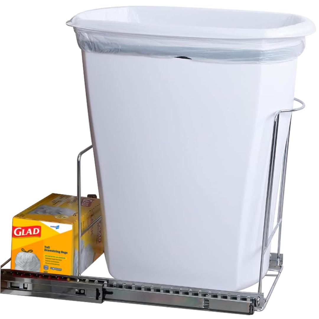 Pull-Out Trash Can for Cabinet - 12 Gal / 48 qt Heavy-Duty Chrome, Smooth Slide with Trash Bag Storage Fits 13" Cabinet Opening (Bin Not Included)