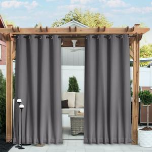 NICETOWN 2 Panels Outdoor Curtains Grommet & Back Tab on Top & Bottom for Patio Waterproof, Thermal Insulated Windproof Blackout Outdoor Drapes Privacy with Rope for Fixed, W52 x L120, Grey
