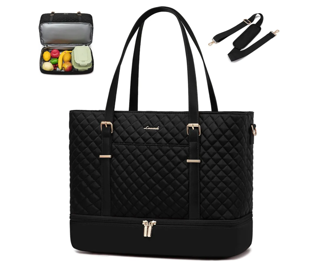 LOVEVOOK Lunch Tote Bag for Women, 15.6 Inch Laptop Work Bag With Lunch Compartment & Large Cup Holder, Lightweight Work Briefcase for Travel, Business, Teacher, Black