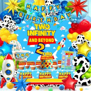 125pcs Two Infinity and Beyond Birthday Decorations, Cartoon Story 2nd Birthday Party Supplies, Balloons Backdrop Banner Tablecloth Cake Topper for 2 Infinity and Beyond Bday Decor
