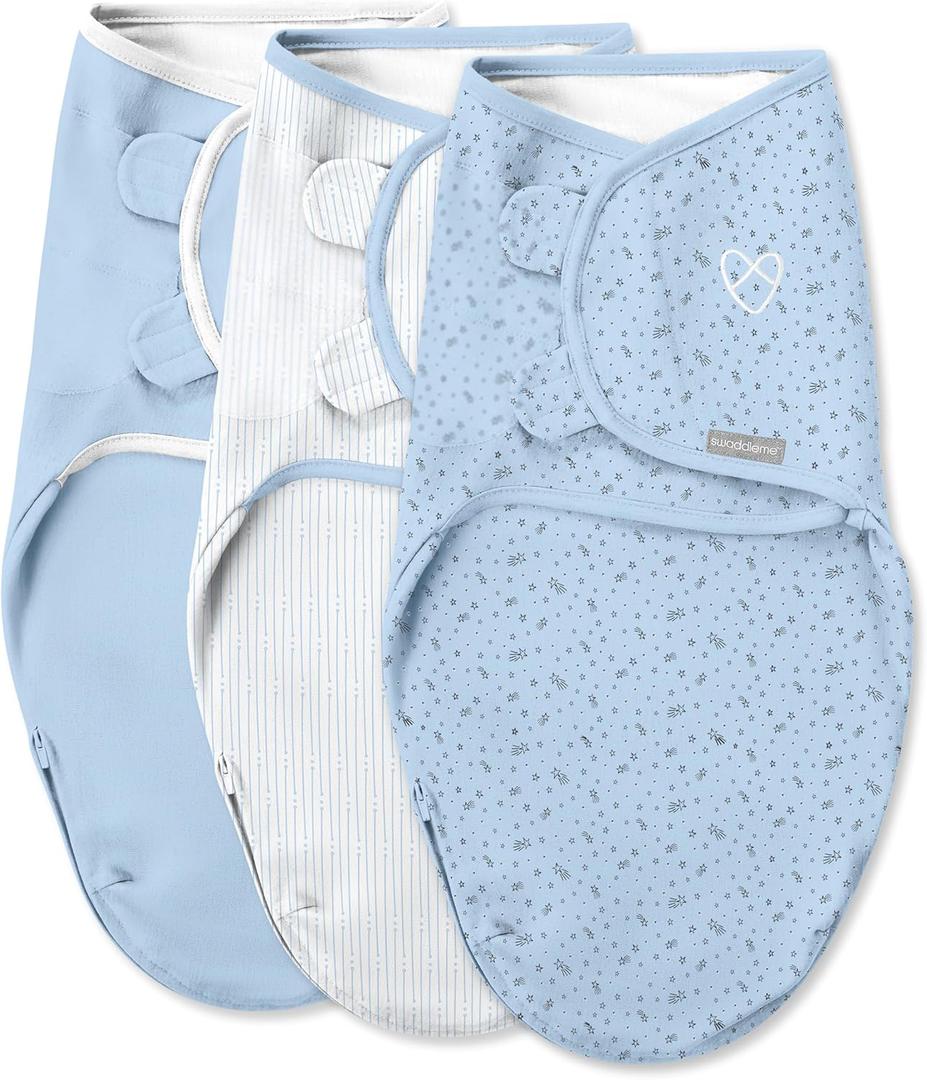SwaddleMe by Ingenuity Easy Change Baby Swaddle in Size Small/Medium, 0-3 Months, 7-14 Pounds, 3-Pack with Easy Change Zipper - Shooting Stars