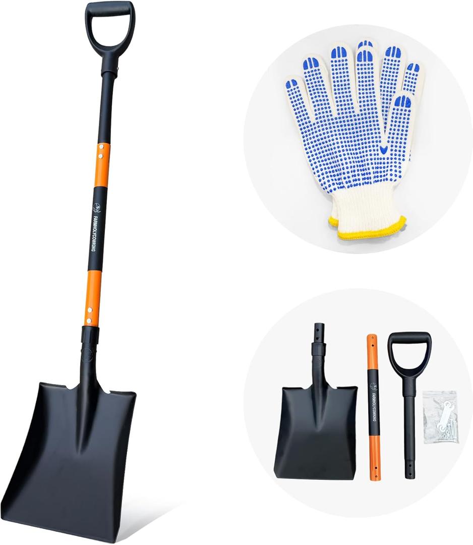 Heavy Duty Steel Flat ShovelSquare Head Shovel with Detachable D-Handle and Anti-Slip Grip, 47 Inch Flat Shovel for Landscaping, Square Shovel for Gardening, Transfer Shovel