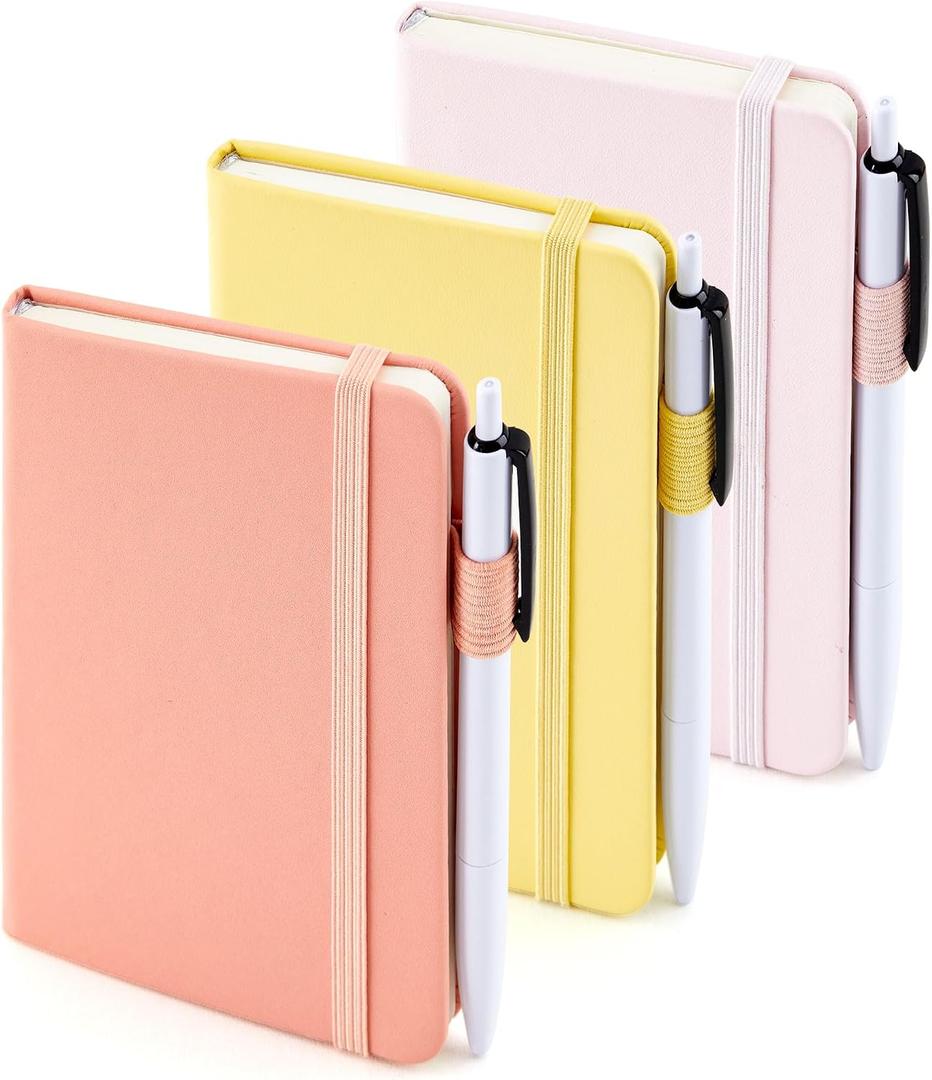 feela 3 Pack Pocket Small Notebook Journals, Mini Cute Hardcover College Ruled Notepad Women Office Supplies, with 3 Black Pens, 3.5x 5.5, A6, Pastel Colors, Light Yellow, Light Pink, Pale Orange
