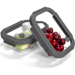 2-Pack Glass Food Storage Containers with Tempered Lids (630ml/2.7cup) - Airtight Snap Lock, Microwave & Oven Safe (-4~ 950F), Freezer to Baking Dish, BPA-Free, Gift Box (Gray)