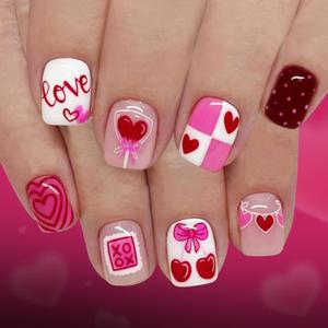 Valentine Red Short Fake Nails Cherry Square Nails Press ons with Polka Dot & Heart Balloon Designs Valentine Glue on Nails Glossy Full Cove Stick on Nails Reusable Acrylic Nails for Women