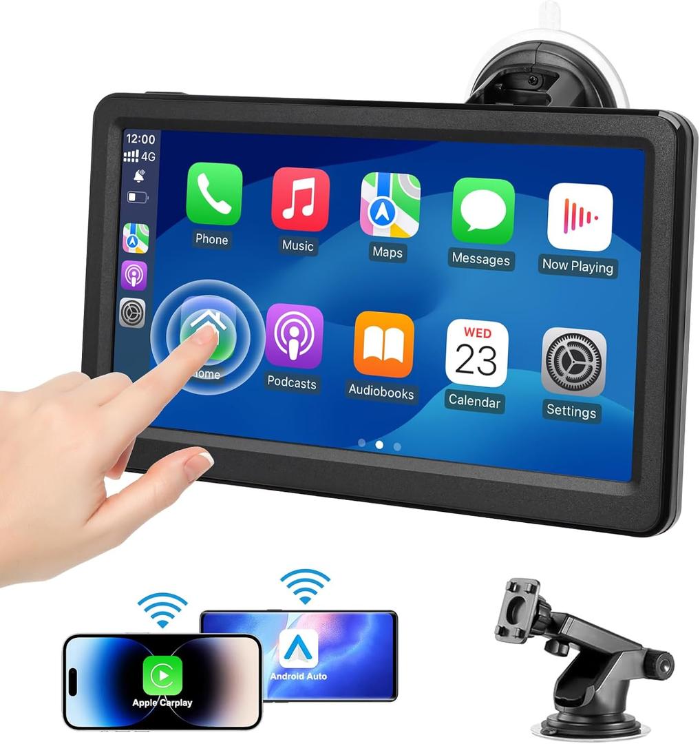 Wireless Carplay Screen for Car, 7" HD Touch Screen Portable Car Stereo for Carplay & Android Auto, Pantalla para Carros with Bluetooth, AUX, FM Transmitter, Voice Control (Black)