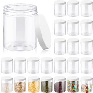 Irenare 24 Pcs 16 oz Plastic Jars with Lids Clear Plastic Containers Wide Mouth Food Mason Jars Airtight Storage Containers for Cake, Dried Fruit, Honey, Nuts, Carft, Scrub Cream(White Lids)