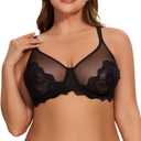 Minimizer Bras for Women, Sexy Lace Unlined Underwire Bra Full Coverage Push Up Sheer Mesh Plus Size Lifting Bra (Black)