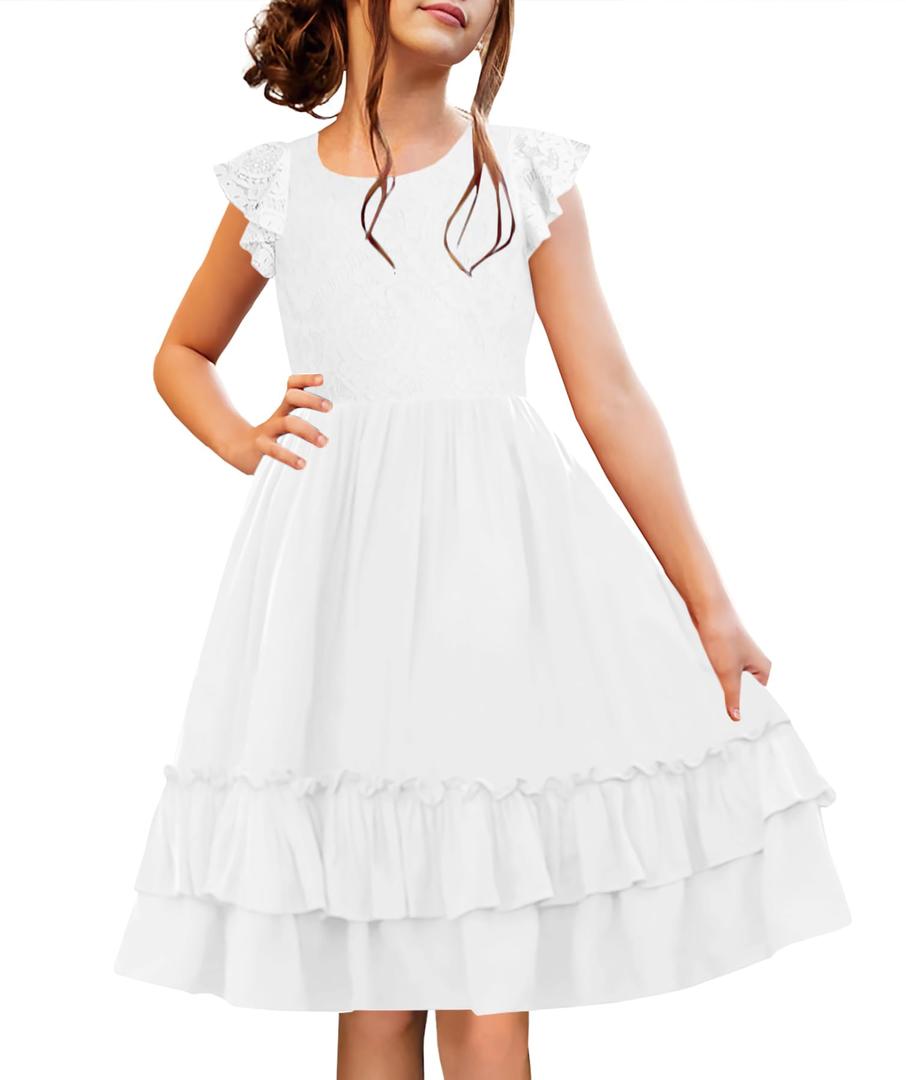 HOSIKA Girls Vintage Floral Lace Boho Ruffle Swing Birthday Party Holiday Flower Girl Dress for 6-12 Years