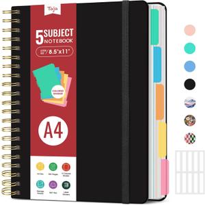 Hardcover Spiral Journal Notebooks for Work With Removable Dividers & Tabs, 8.5"x11" 5 Subject Notebook for Note Taking & Organizer, A4 College Ruled Lined Journal for Women & Writing, Black, 280 Pages