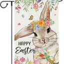 Heyfibro Happy Easter Bunny Garden Flag 12x18 Double Sided Burlap, Floral Wreath Rabbit with Spring Flowers & Decorative Eggs Yard Banner for Holiday Farmhouse Yard Outdoor Decor(ONLY FLAG)