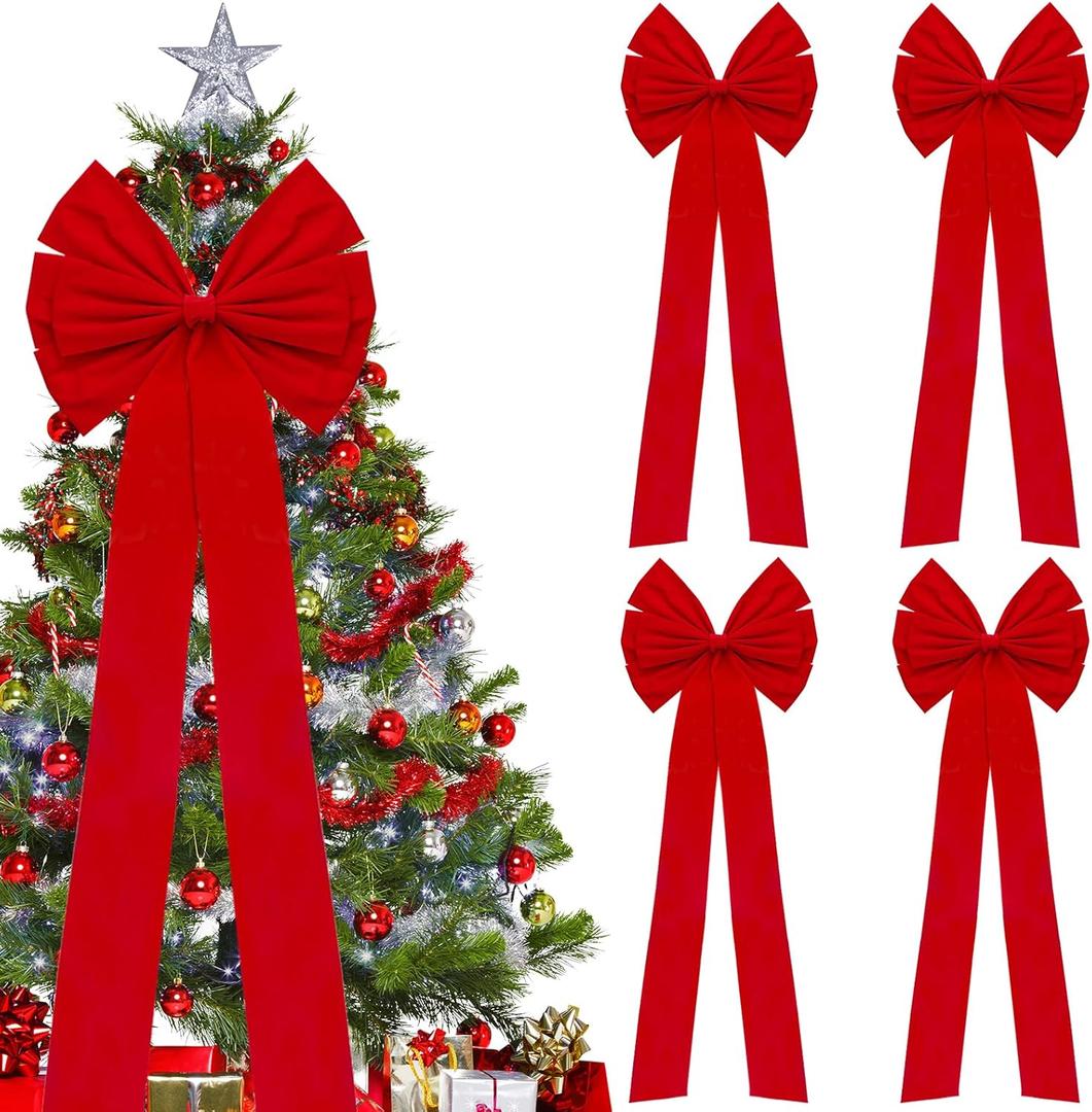 4 Pack Christmas Bows Decoration Large, 18x35 Car Bow, Christmas Tree Bow Topper Red, Wreath Bow, Christmas Red Velvet Bows, for Xmas Home Front Door Patio Outdoor Decor (Red 2, 4 Pack)