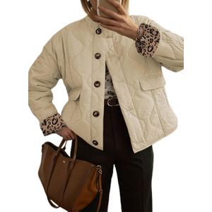 Dokotoo Winter Clothing for Women Casual Long Sleeve Button Down Leopard Puffer Jacket Womens Fall Fashion 2025 Baggy Warm Quilted Jackets for Women Lightweight Padded Jackets with Pockets Black S