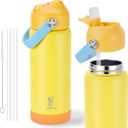 18oz Kids Insulated Water Bottle with Straw Lid & Silicone Handle,Kids Leak Proof Water Bottle for School Boys Girls,Double Wall Vacuum Stainless Steel with Non-slip Silicone Base(Yellow)