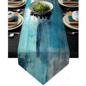 Turquoise and Grey Table Runner,Teal Abstract Modern Art Burlap Table Runners for Table Dresser Runner Farmhouse Style for Dinner Party Holidays Home Decoration (13"x 71")