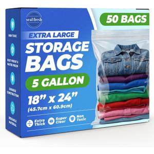 Seal Fresh 5 Gallon Large Plastic Storage Bags – 18" x 24" (50 Count) – Reusable XXL Extra Large Heavy Duty Clear Jumbo Freezer Zip Lock Bags with Sealable Zipper Top For Clothes, Travel, Moving