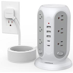 TESSAN Tower Power Strip with Individual Switches, Surge Protector with 12 Outlets, 5 USB Ports(2 USB C), Flat Extension Cord 15 Ft, 1250W, Charging Station for Multiple Devices, Office, Dorm, Grey