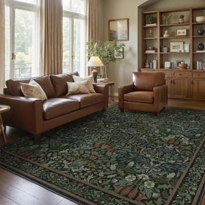 Bavni Floral Dark Green Area Rugs 8x10, Vintage Boho Carpet Machine Washable, Non Slip Soft Low Pile Thin Rug for Bedroom, Living Room, Dining Room, Nursery