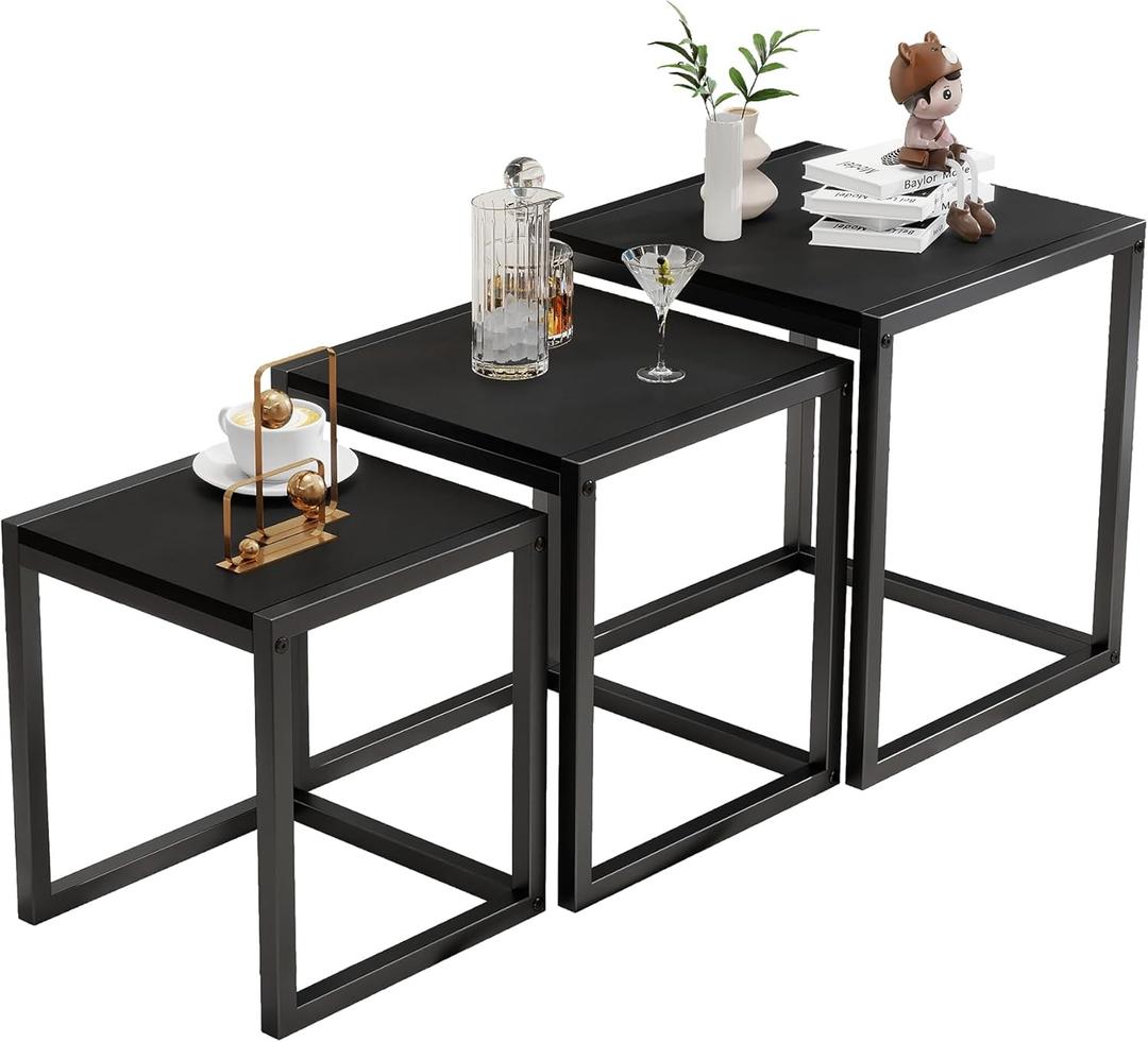 Nesting Table Set of 3 Side Tables, Modern Coffee Table Stacking End Table with Metal FrameBlack