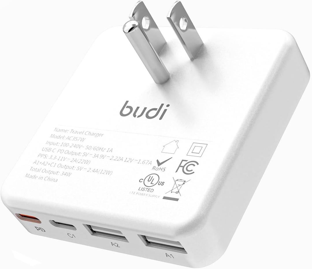 BUDI Flat USB C Wall Charger, 34W 4-Port Slim USB Wall Charger, Fast Charging Block with 20W Port Power Delivery and Dual Type-C for iPhone 16/15/14/13/12/11/Pro Max/XS/XR/8/7,Tablets (4 Port(2A+2C))