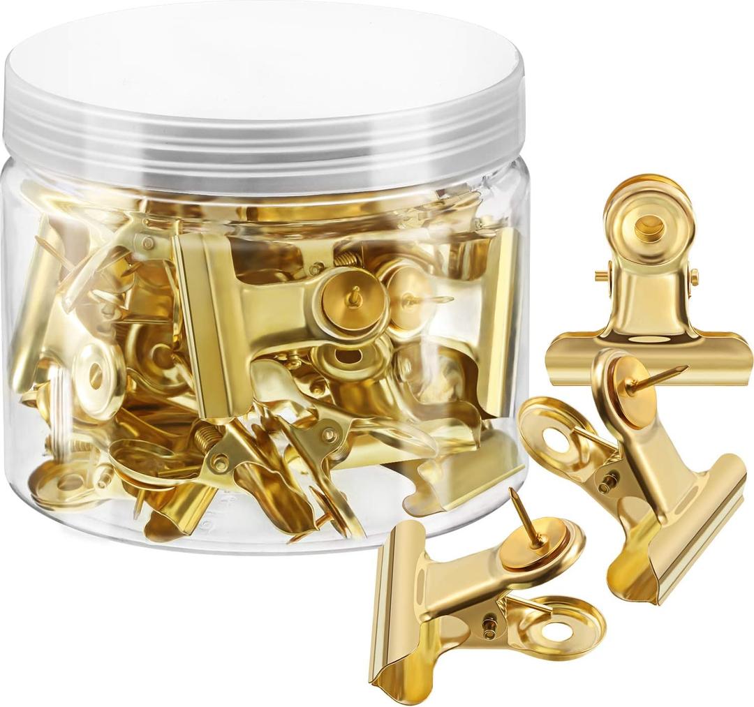Outus 30 Pieces Push Pins Clips Thumb Tacks with Clips Cork Board Tacks for School Artworks Projects on Cork Photos Documents on Bulletin Board No Holes for The Paper,(Gold)