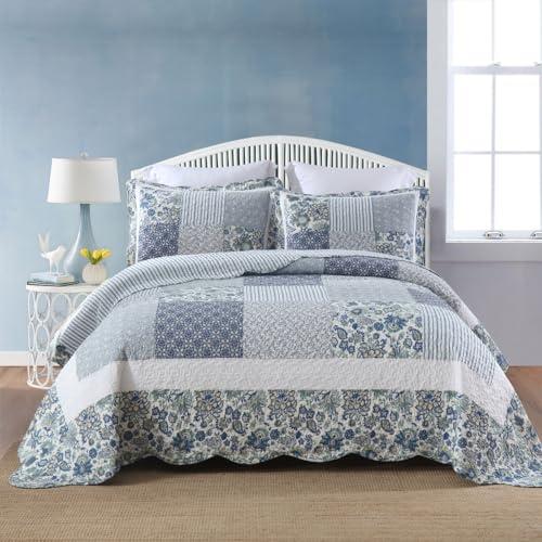 camandy Cotton Bedspread Quilt Bedding Sets 3 Pieces Reversible Coverlet Sets Comforters Vintage Floral Patchwork Blue Bedspread (Blue Vintage Floral, Queen Size)