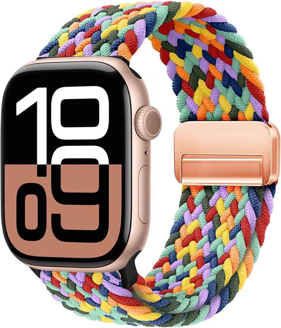 Magnetic Braided Loop Band Compatible with Apple Watch Series 11 10 42mm 9 8 7 6 5 4 40mm 41mm for Women Men, Stretchy Nylon Elastic Sport Strap for iWatch SE 1/2/3, W-Colorful