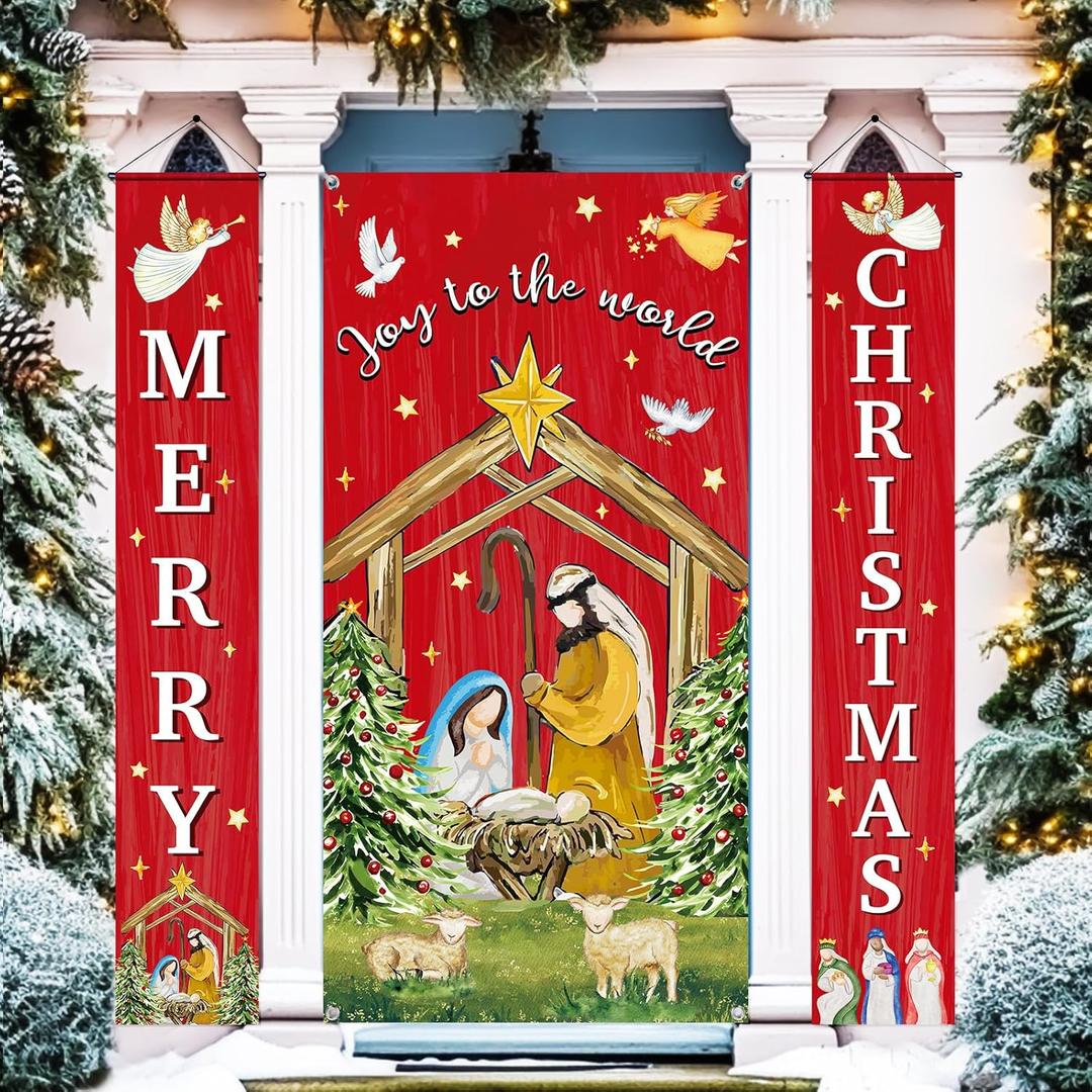 Tiamon 3 Pcs Christmas Nativity Door Decorations Jesus Christmas Door Cover Joy to the World Banner for Xmas Winter Religious Holy Night Church Home Front Decor