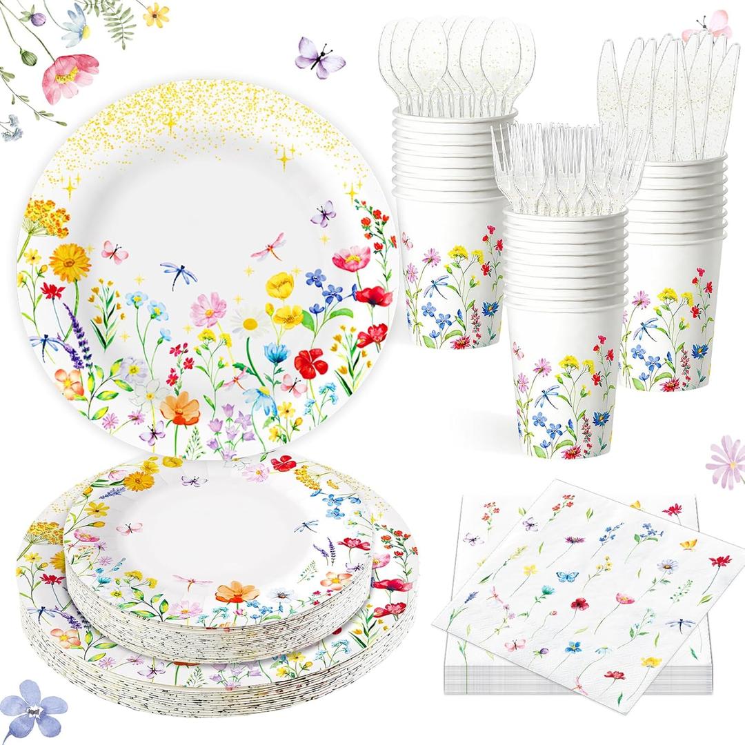 175 PCS Wildflower Spring Party Decorations include Paper Plates Cups and Napkins, Plastic Knives Forks Spoons Set, Disposable Cutlery Dinnerware Tableware Serve 25 Table Decor for Bday Dinner