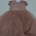 JISISANG Flower Girls Lace Cap Sleeve Dress for Wedding Puffy Tulle Back V-Neck Pageant Prom Ball Gown with Bow (6, Dusty Rose)