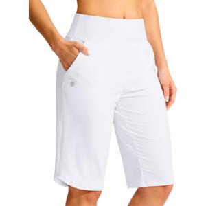 G Gradual Women's 13" Long Swim Board Shorts with Pockets High Waisted Quick Dry Beach Swimming Shorts for Women with Liner (White, L)